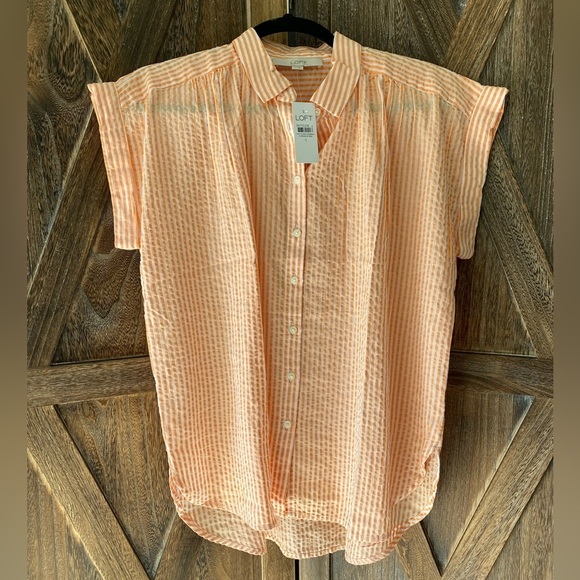 LOFT Size S Orange Peach Coral Pin Striped Dolman Sleeve Button Down Top Blouse - Picture 1 of 8